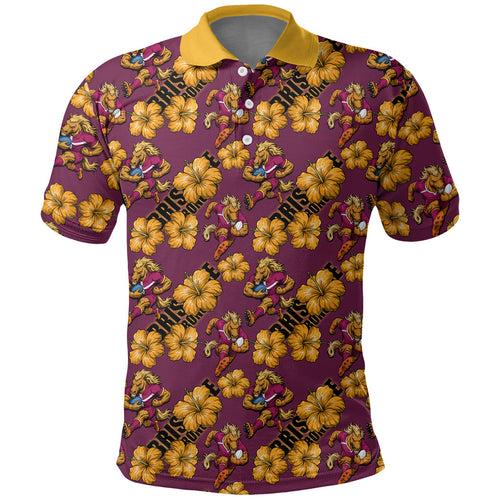 Brisbane Broncos Mascot Polo Shirt Tropical Hibiscus Floral Seamless Rugby Mascot