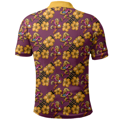 Brisbane Broncos Mascot Polo Shirt Tropical Hibiscus Floral Seamless Rugby Mascot