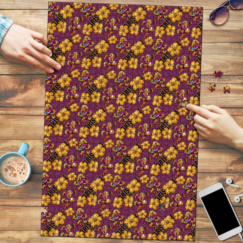 Brisbane Broncos Mascot Puzzle Tropical Hibiscus Floral Seamless Rugby Mascot