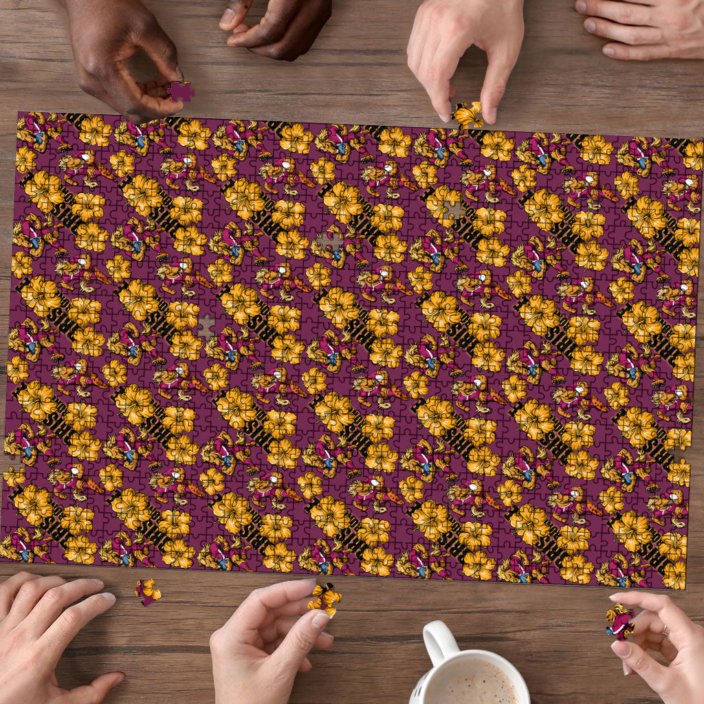 Brisbane Broncos Mascot Puzzle Tropical Hibiscus Floral Seamless Rugby Mascot
