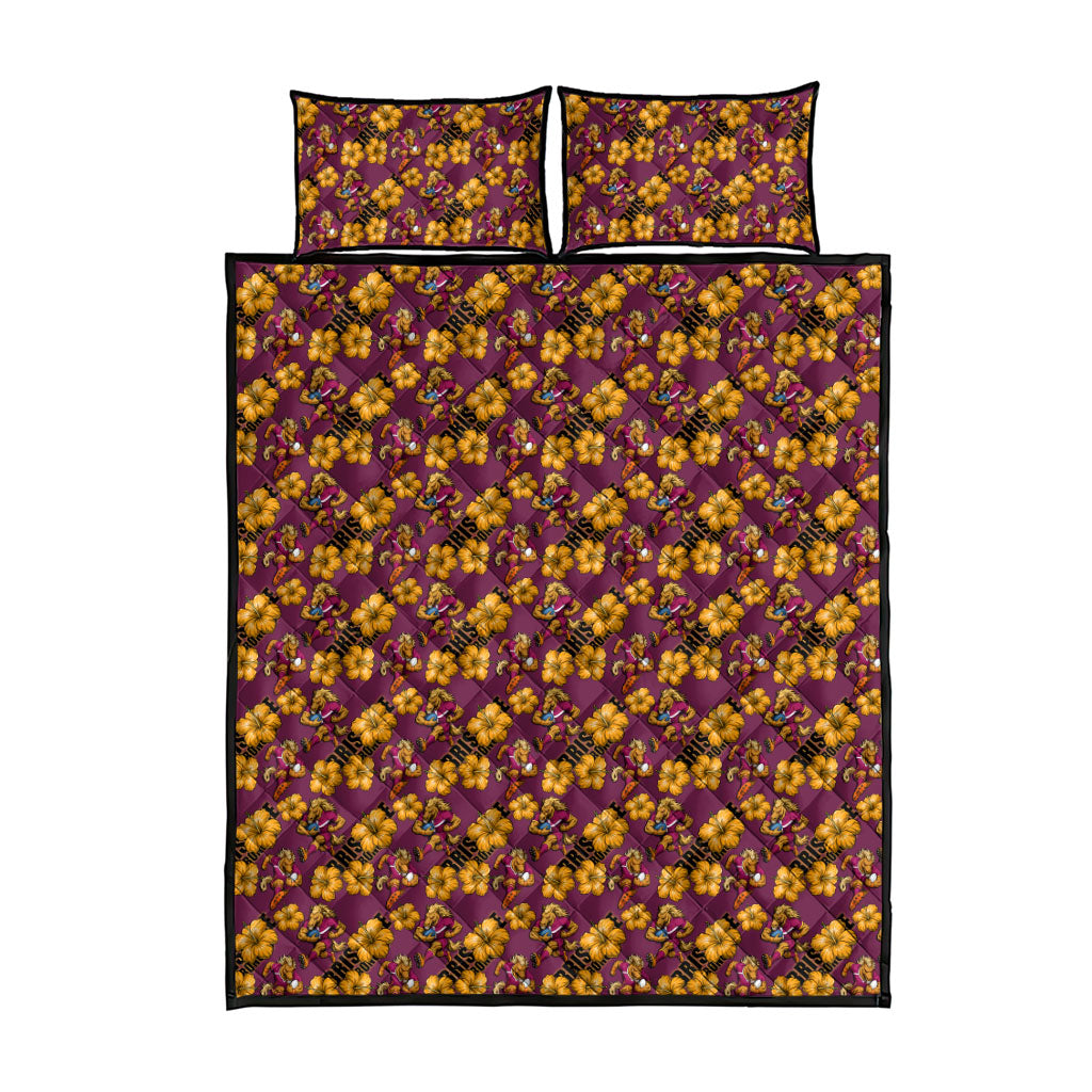 Brisbane Broncos Mascot Quilt Bed Set Tropical Hibiscus Floral Seamless Rugby Mascot
