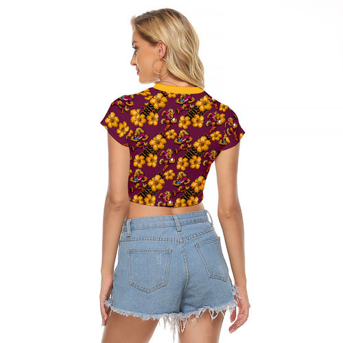 Brisbane Broncos Mascot Raglan Cropped T Shirt Tropical Hibiscus Floral Seamless Rugby Mascot