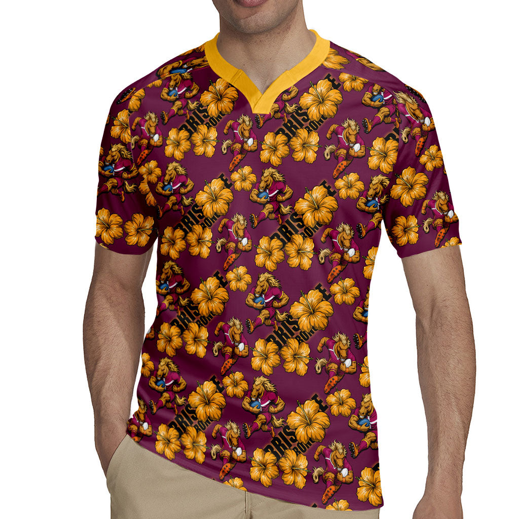 Brisbane Broncos Mascot Rugby Jersey Tropical Hibiscus Floral Seamless Rugby Mascot