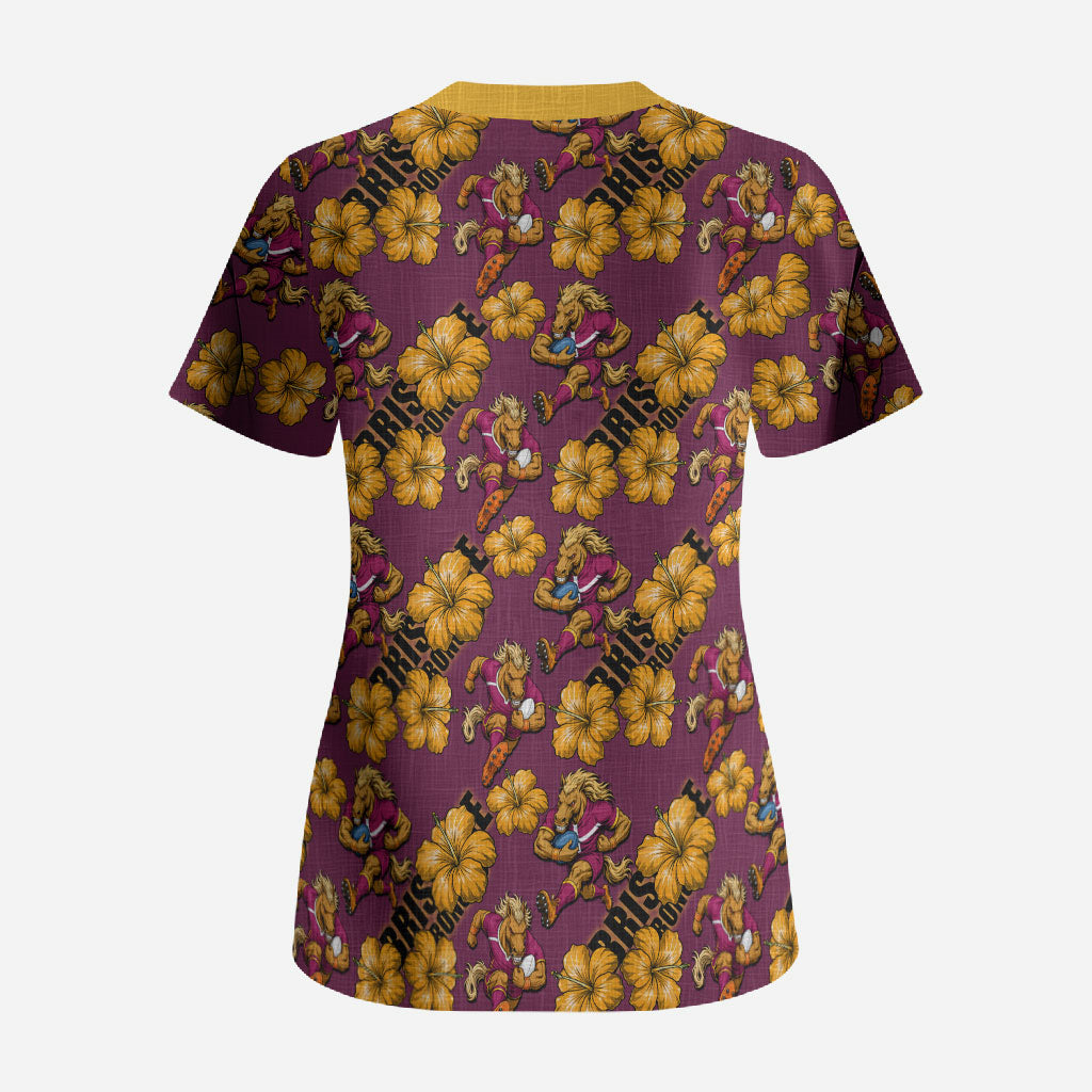 Brisbane Broncos Mascot Scrub Top Tropical Hibiscus Floral Seamless Rugby Mascot