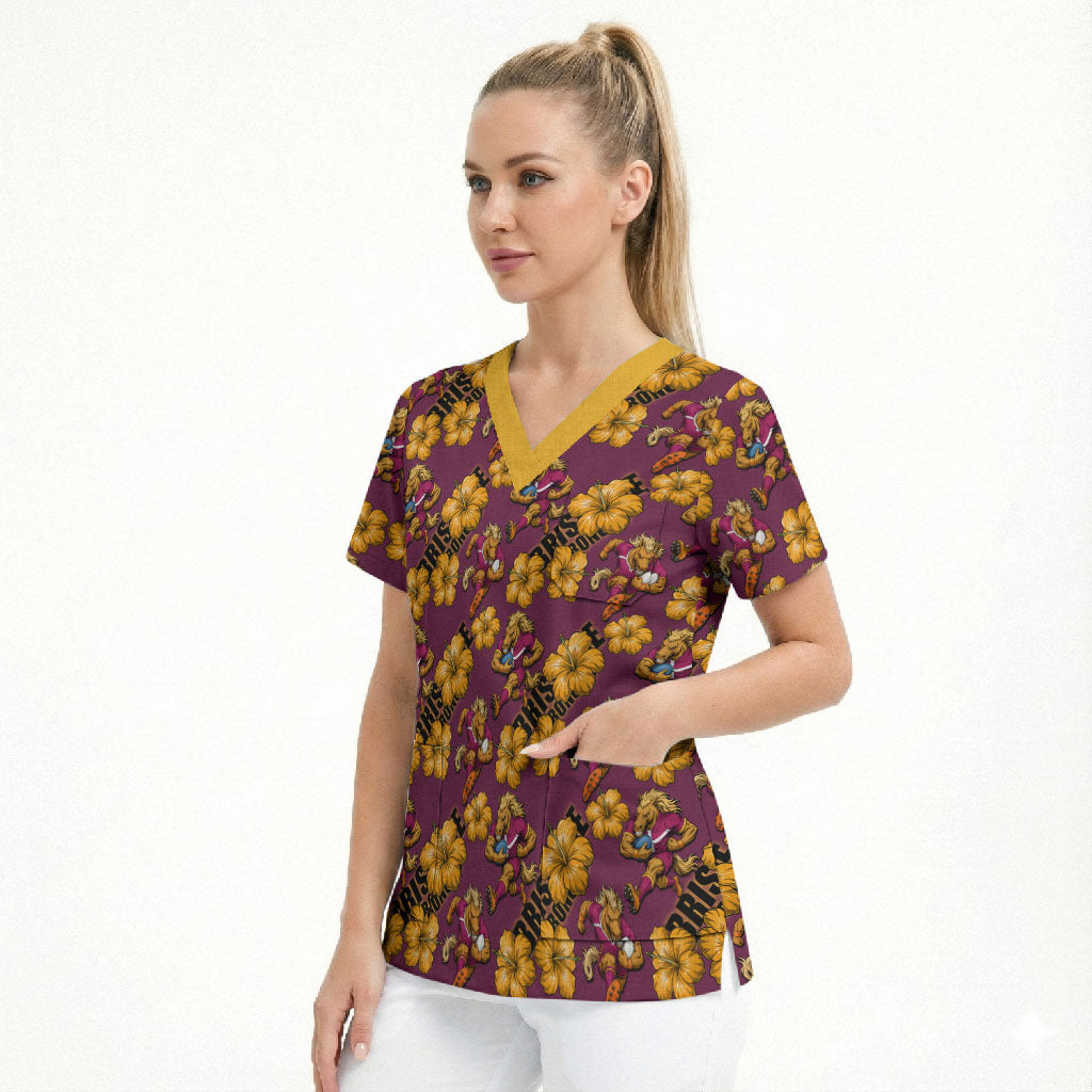 Brisbane Broncos Mascot Scrub Top Tropical Hibiscus Floral Seamless Rugby Mascot
