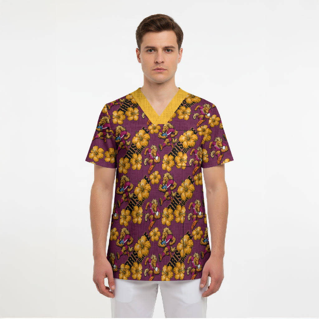 Brisbane Broncos Mascot Scrub Top Tropical Hibiscus Floral Seamless Rugby Mascot