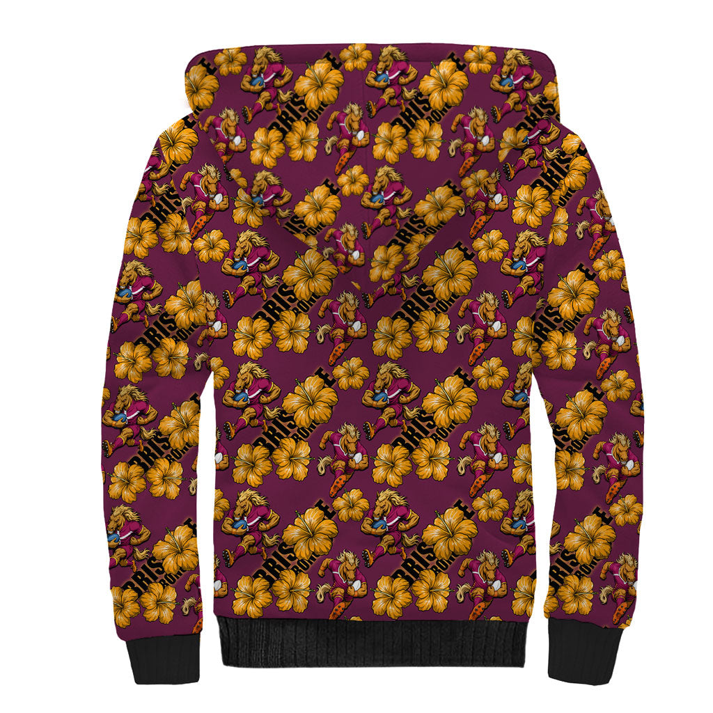 Brisbane Broncos Mascot Sherpa Hoodie Tropical Hibiscus Floral Seamless Rugby Mascot