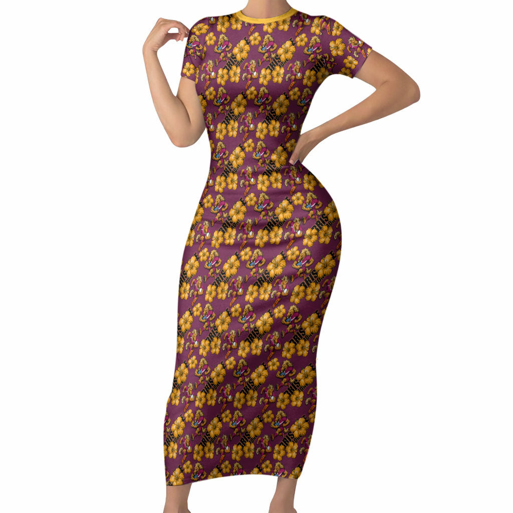 Brisbane Broncos Mascot Short Sleeve Bodycon Dress Tropical Hibiscus Floral Seamless Rugby Mascot