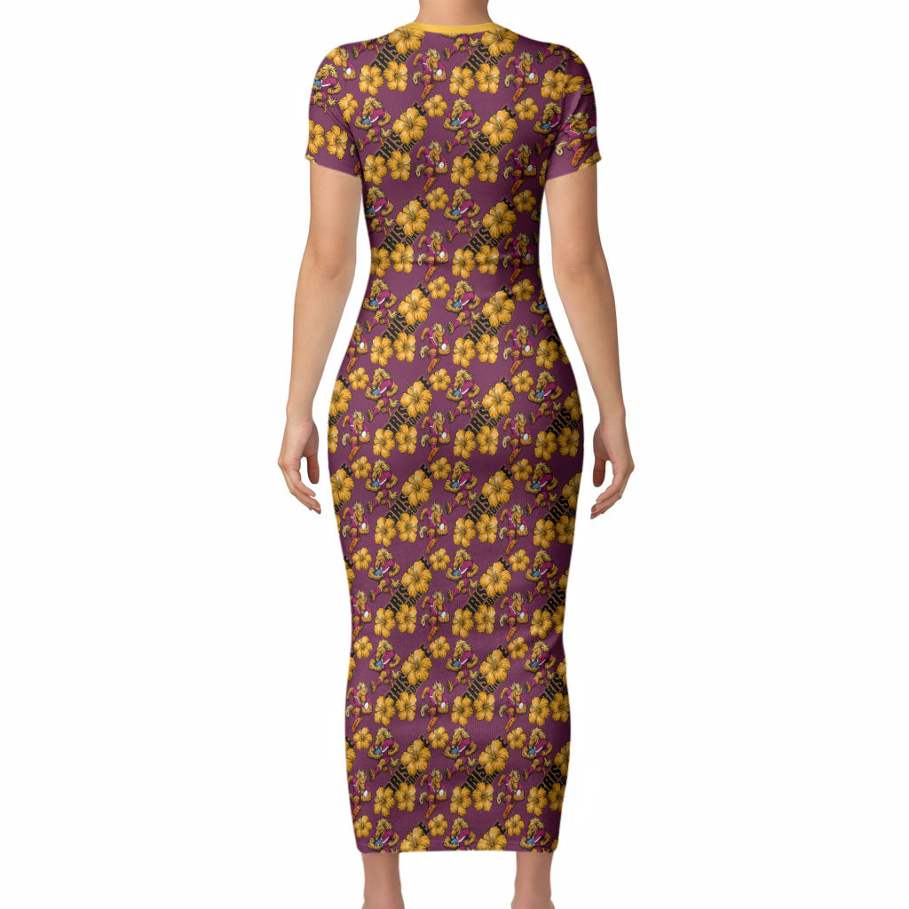 Brisbane Broncos Mascot Short Sleeve Bodycon Dress Tropical Hibiscus Floral Seamless Rugby Mascot