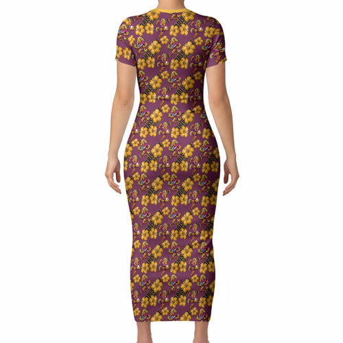 Brisbane Broncos Mascot Short Sleeve Bodycon Dress Tropical Hibiscus Floral Seamless Rugby Mascot