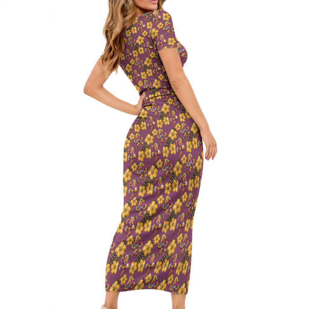 Brisbane Broncos Mascot Short Sleeve Bodycon Dress Tropical Hibiscus Floral Seamless Rugby Mascot