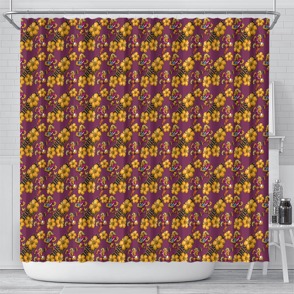 Brisbane Broncos Mascot Shower Curtain Tropical Hibiscus Floral Seamless Rugby Mascot
