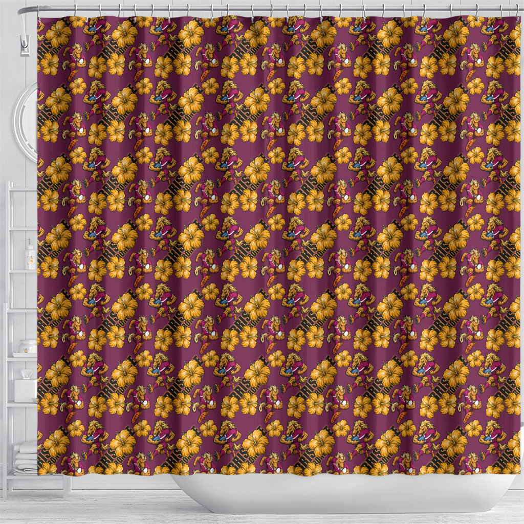 Brisbane Broncos Mascot Shower Curtain Tropical Hibiscus Floral Seamless Rugby Mascot