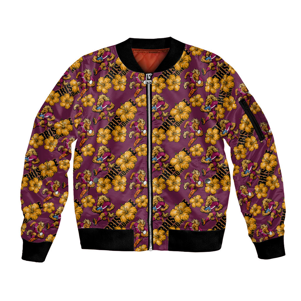Brisbane Broncos Mascot Sleeve Zip Bomber Jacket Tropical Hibiscus Floral Seamless Rugby Mascot