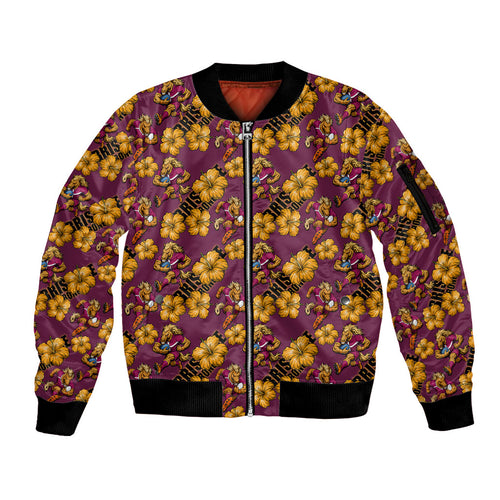 Brisbane Broncos Mascot Sleeve Zip Bomber Jacket Tropical Hibiscus Floral Seamless Rugby Mascot