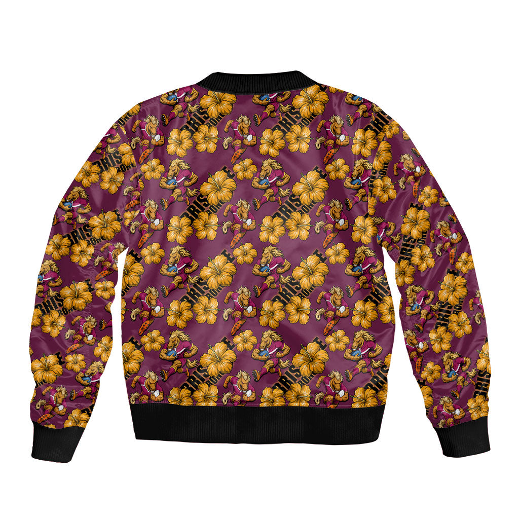Brisbane Broncos Mascot Sleeve Zip Bomber Jacket Tropical Hibiscus Floral Seamless Rugby Mascot