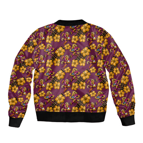 Brisbane Broncos Mascot Sleeve Zip Bomber Jacket Tropical Hibiscus Floral Seamless Rugby Mascot