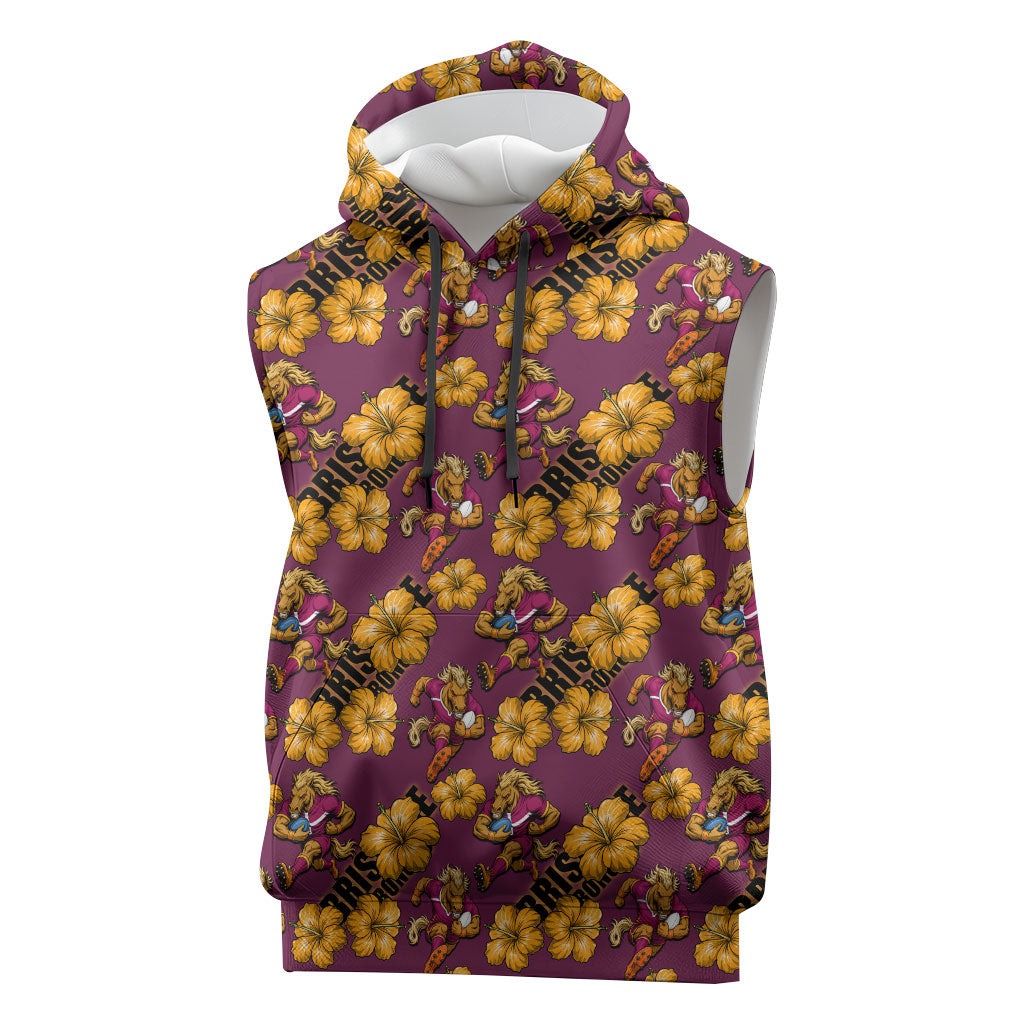 Brisbane Broncos Mascot Sleeveless Hoodie Tropical Hibiscus Floral Seamless Rugby Mascot
