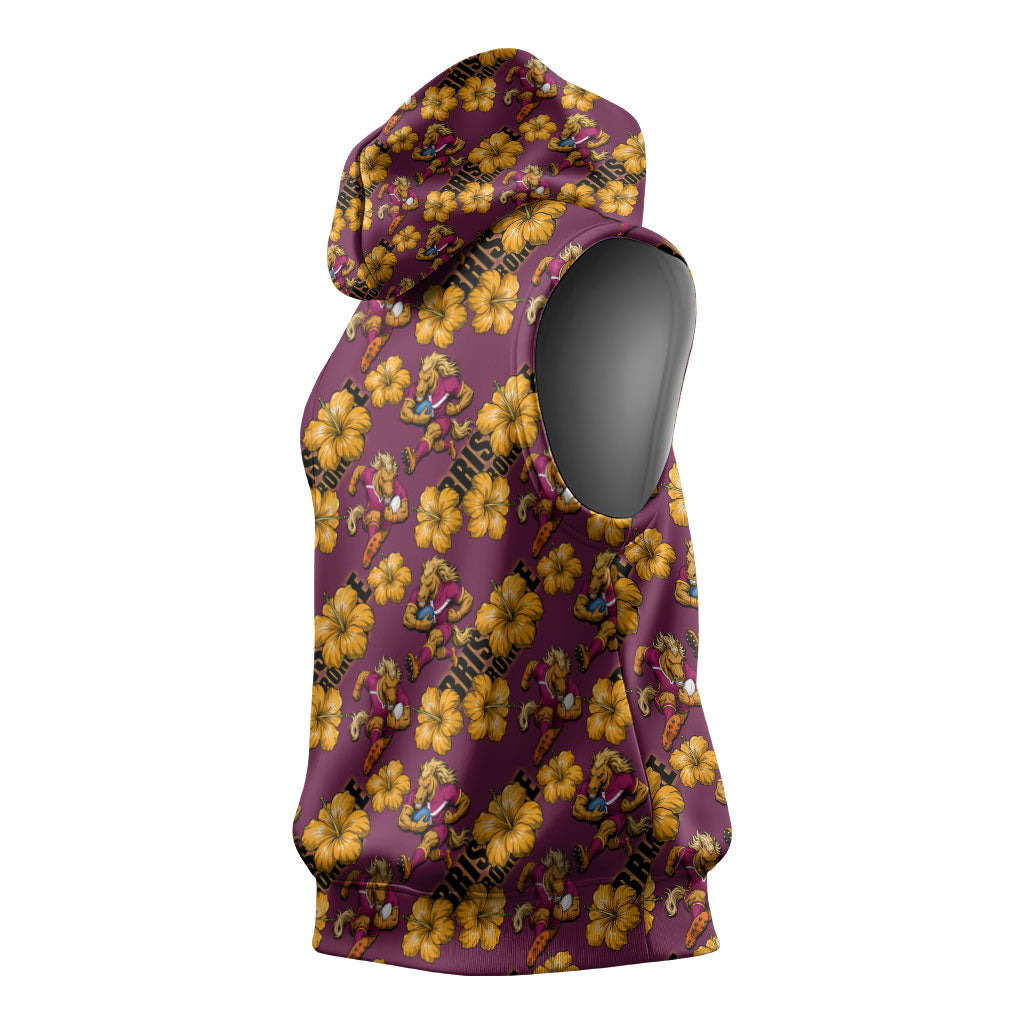 Brisbane Broncos Mascot Sleeveless Hoodie Tropical Hibiscus Floral Seamless Rugby Mascot