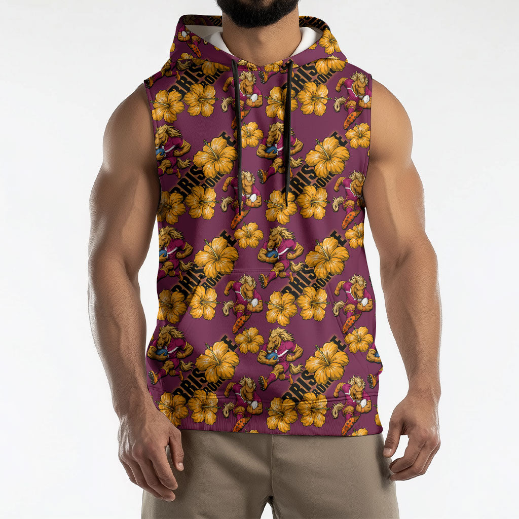 Brisbane Broncos Mascot Sleeveless Hoodie Tropical Hibiscus Floral Seamless Rugby Mascot