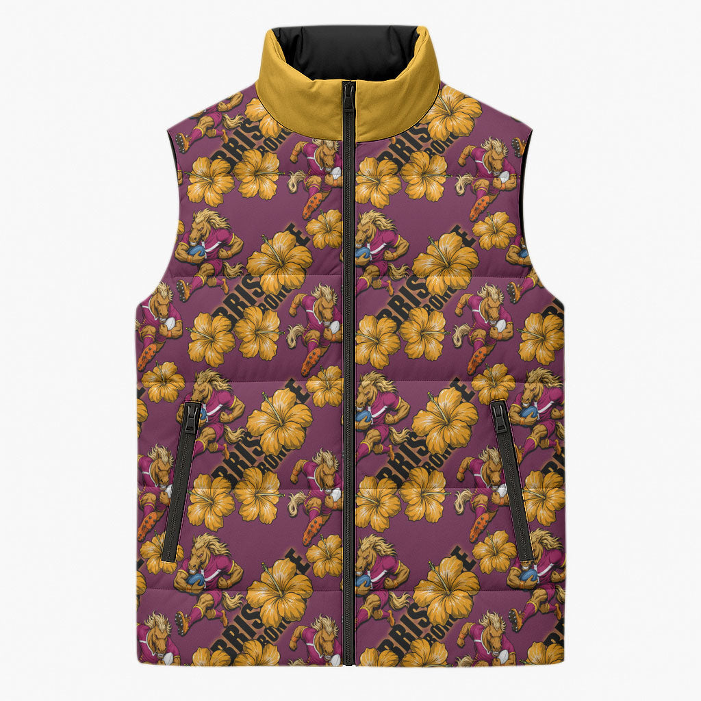 Brisbane Broncos Mascot Sleeveless Puffer Jacket Tropical Hibiscus Floral Seamless Rugby Mascot