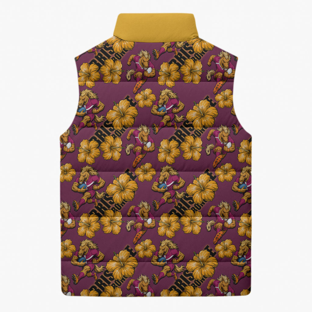 Brisbane Broncos Mascot Sleeveless Puffer Jacket Tropical Hibiscus Floral Seamless Rugby Mascot