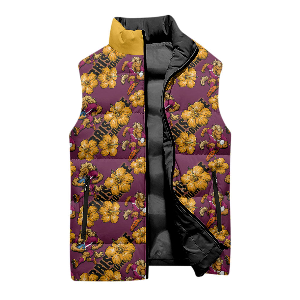 Brisbane Broncos Mascot Sleeveless Puffer Jacket Tropical Hibiscus Floral Seamless Rugby Mascot