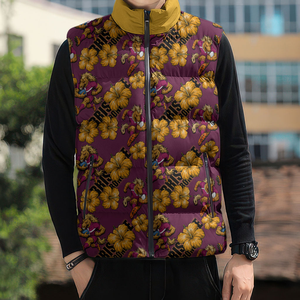 Brisbane Broncos Mascot Sleeveless Puffer Jacket Tropical Hibiscus Floral Seamless Rugby Mascot