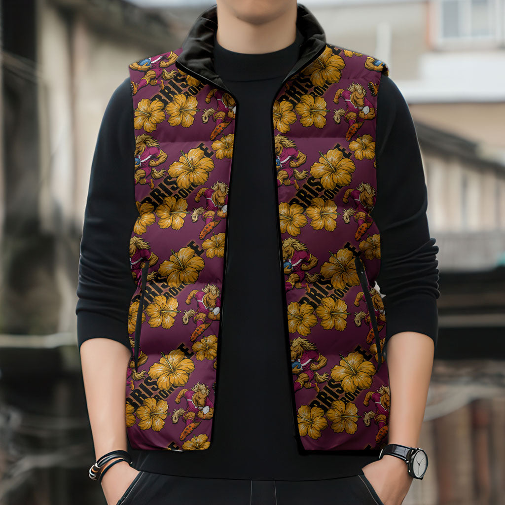 Brisbane Broncos Mascot Sleeveless Puffer Jacket Tropical Hibiscus Floral Seamless Rugby Mascot
