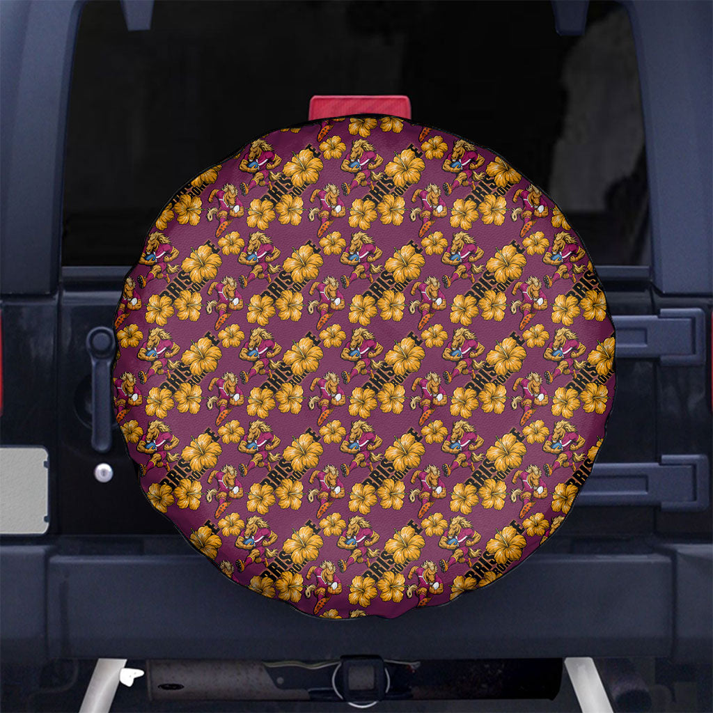 Brisbane Broncos Mascot Spare Tire Cover Tropical Hibiscus Floral Seamless Rugby Mascot
