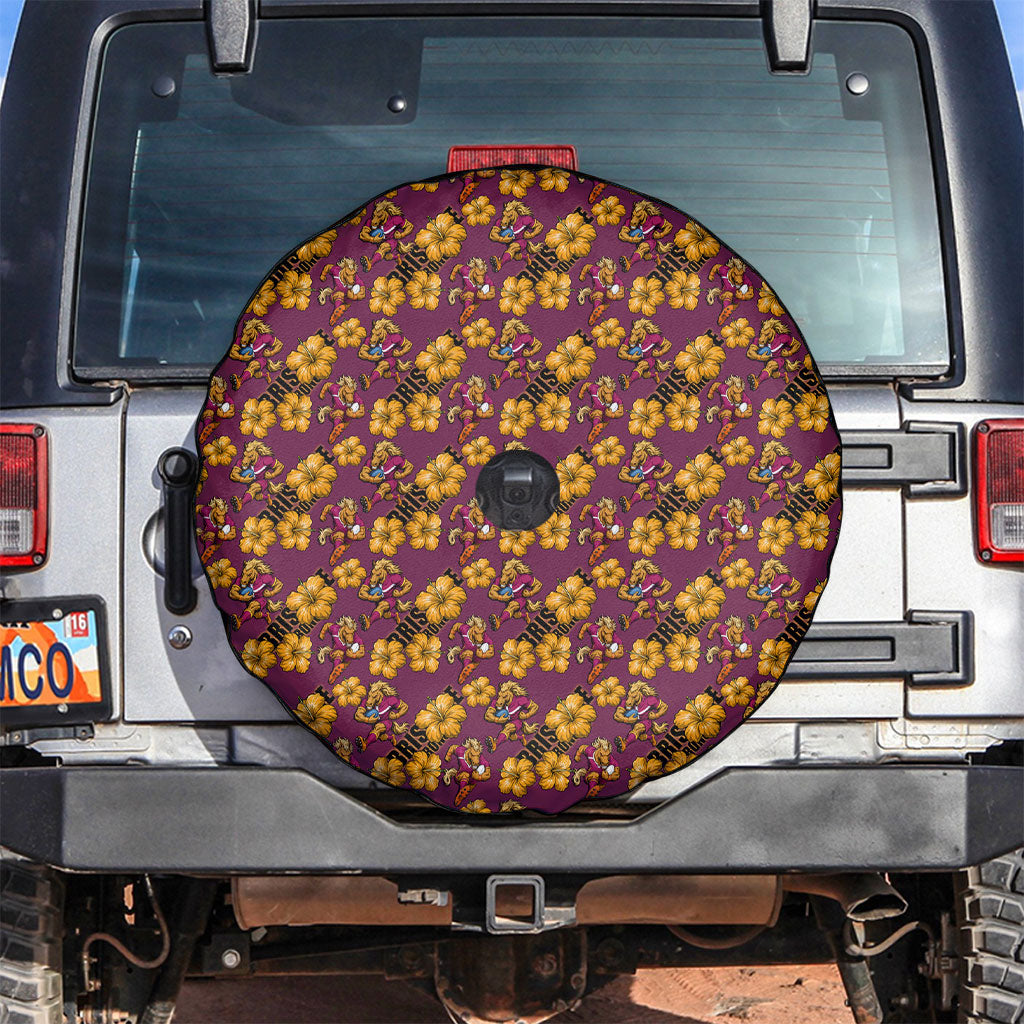 Brisbane Broncos Mascot Spare Tire Cover Tropical Hibiscus Floral Seamless Rugby Mascot