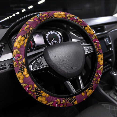 Brisbane Broncos Mascot Steering Wheel Cover Tropical Hibiscus Floral Seamless Rugby Mascot
