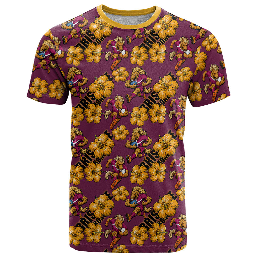 Brisbane Broncos Mascot T Shirt Tropical Hibiscus Floral Seamless Rugby Mascot