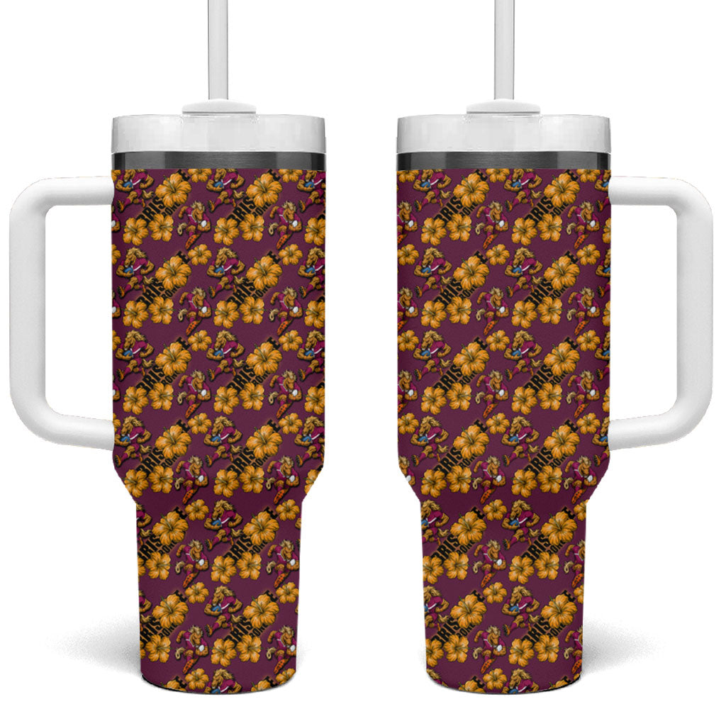 Brisbane Broncos Mascot Tumbler With Handle Tropical Hibiscus Floral Seamless Rugby Mascot