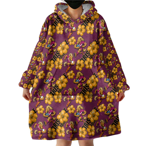 Brisbane Broncos Mascot Wearable Blanket Hoodie Tropical Hibiscus Floral Seamless Rugby Mascot