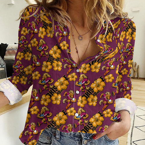 Brisbane Broncos Mascot Women Casual Shirt Tropical Hibiscus Floral Seamless Rugby Mascot