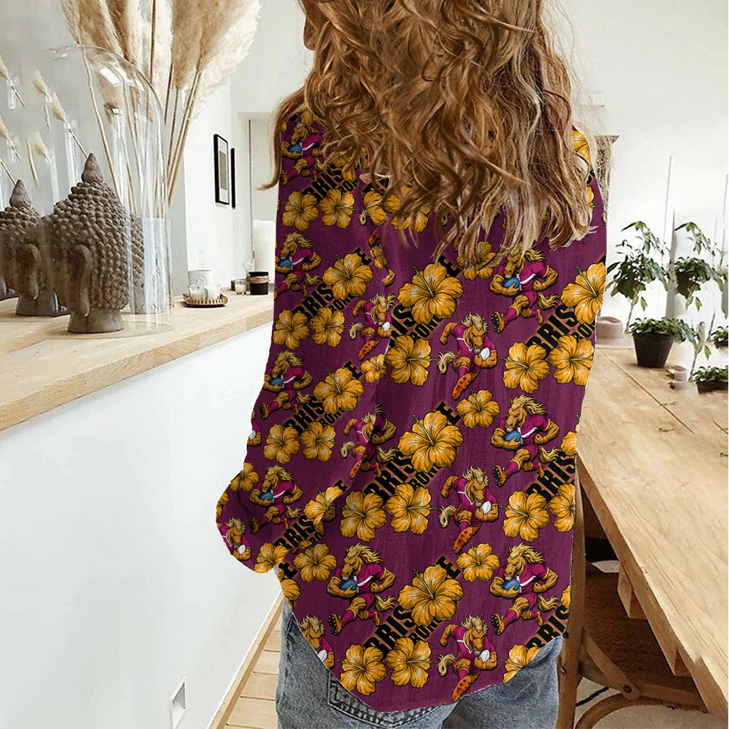 Brisbane Broncos Mascot Women Casual Shirt Tropical Hibiscus Floral Seamless Rugby Mascot