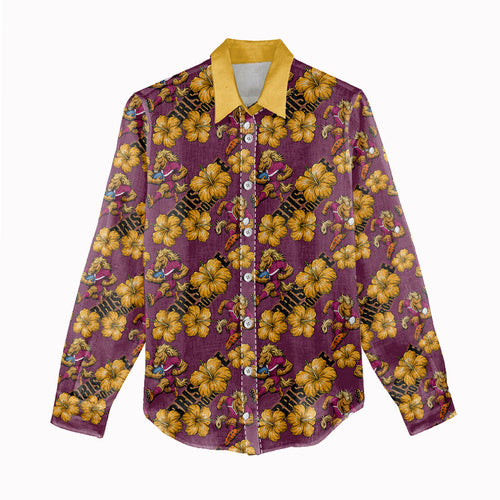 Brisbane Broncos Mascot Women Casual Shirt Tropical Hibiscus Floral Seamless Rugby Mascot