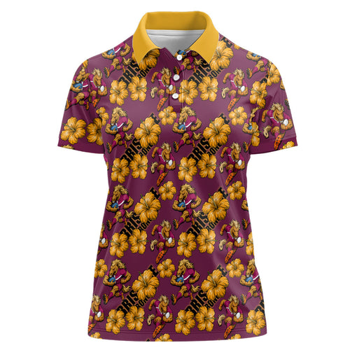 Brisbane Broncos Mascot Women Polo Shirt Tropical Hibiscus Floral Seamless Rugby Mascot