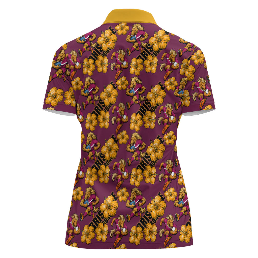 Brisbane Broncos Mascot Women Polo Shirt Tropical Hibiscus Floral Seamless Rugby Mascot