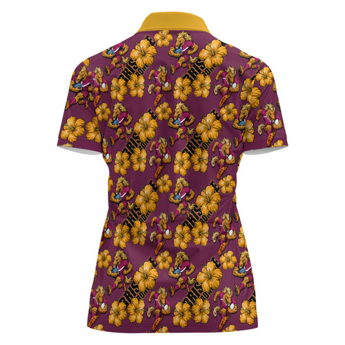 Brisbane Broncos Mascot Women Polo Shirt Tropical Hibiscus Floral Seamless Rugby Mascot