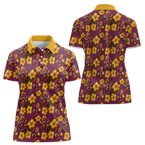 Brisbane Broncos Mascot Women Polo Shirt Tropical Hibiscus Floral Seamless Rugby Mascot