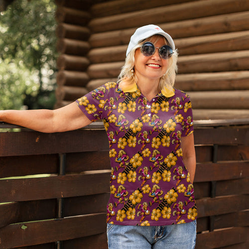 Brisbane Broncos Mascot Women Polo Shirt Tropical Hibiscus Floral Seamless Rugby Mascot