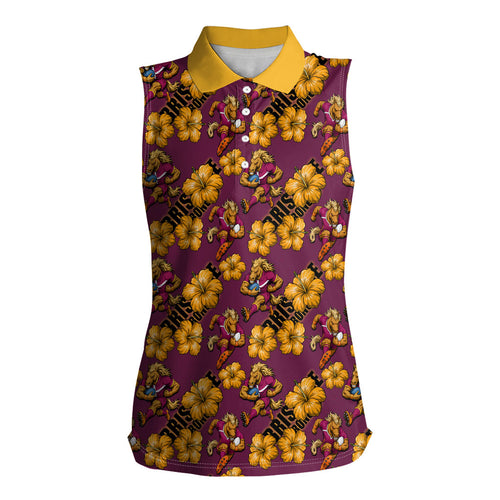 Brisbane Broncos Mascot Women Sleeveless Polo Shirt Tropical Hibiscus Floral Seamless Rugby Mascot