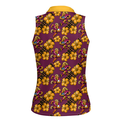 Brisbane Broncos Mascot Women Sleeveless Polo Shirt Tropical Hibiscus Floral Seamless Rugby Mascot