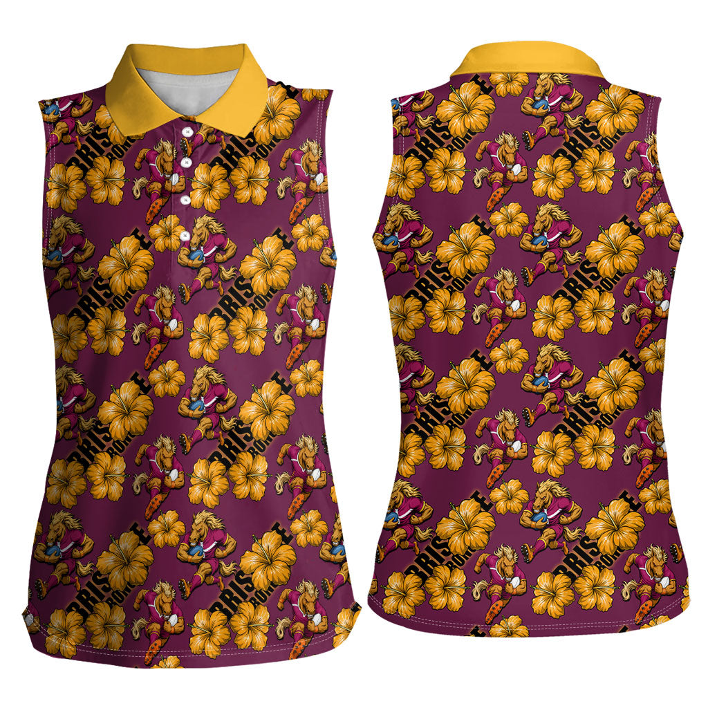 Brisbane Broncos Mascot Women Sleeveless Polo Shirt Tropical Hibiscus Floral Seamless Rugby Mascot