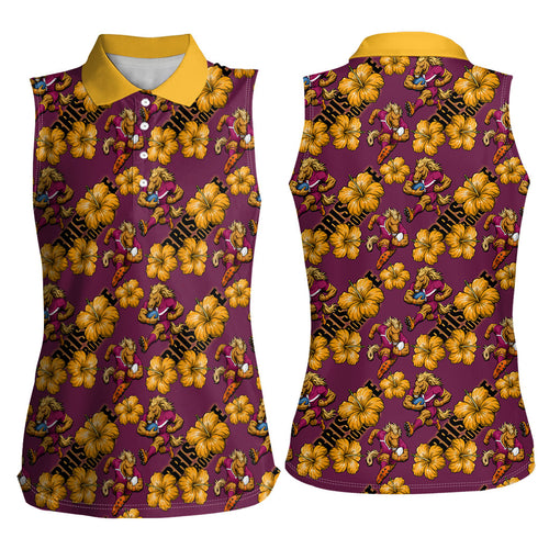 Brisbane Broncos Mascot Women Sleeveless Polo Shirt Tropical Hibiscus Floral Seamless Rugby Mascot