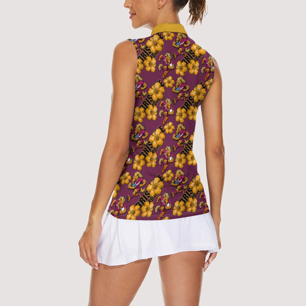 Brisbane Broncos Mascot Women Sleeveless Polo Shirt Tropical Hibiscus Floral Seamless Rugby Mascot