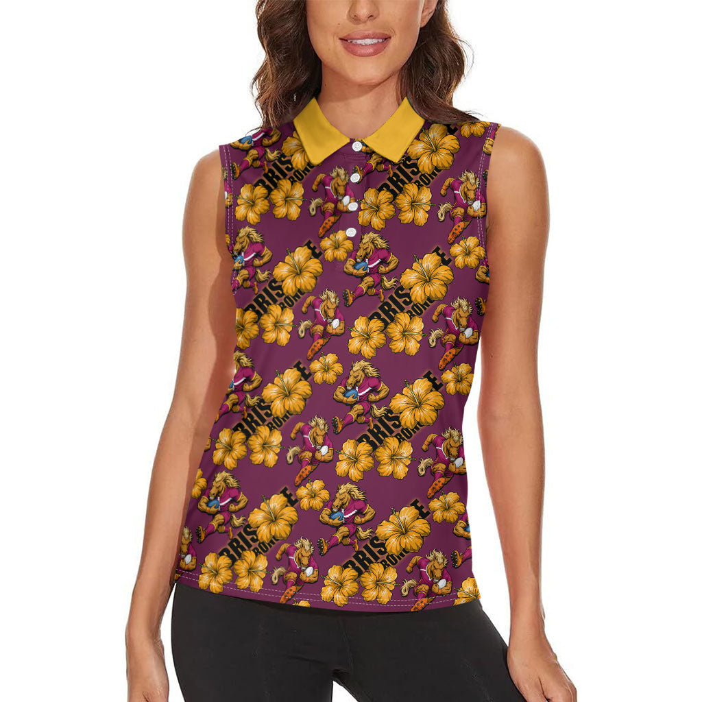 Brisbane Broncos Mascot Women Sleeveless Polo Shirt Tropical Hibiscus Floral Seamless Rugby Mascot