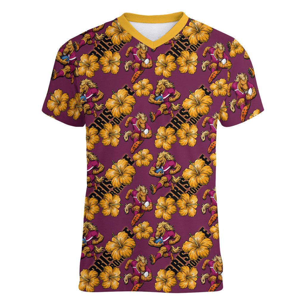 Brisbane Broncos Mascot Women V-Neck T-Shirt Tropical Hibiscus Floral Seamless Rugby Mascot